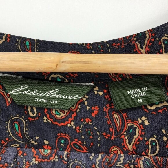 Eddie Bauer Navy burgundy Paisley cap sleeve button front lace cutout blouse Med - Picture 4 of 15